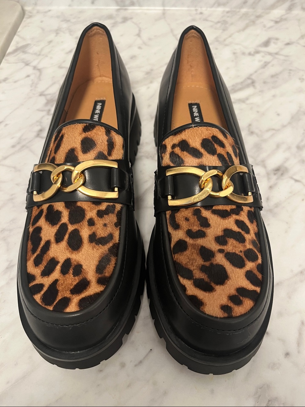 Nine West Black Loafers with Leopard Print and Gold Chain Accent
